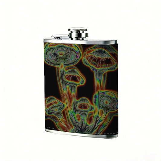 Glowing colorful abstract mushrooms 1pc of a Portable Flask, a Small Stainless Steel Liquor Flask, 8-Ounce Capacity, Suitable for Outdoor And Home Use
