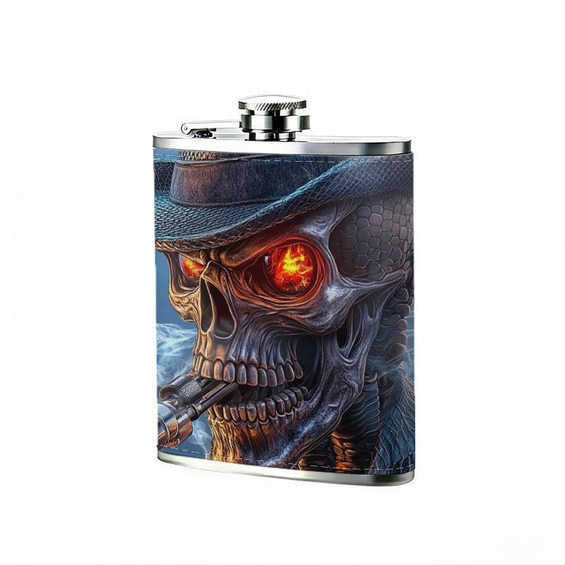 Cowboy skeleton with a cigar 1pc of a Portable Flask, a Small Stainless Steel Liquor Flask, 8-Ounce Capacity, Suitable for Outdoor And Home Use