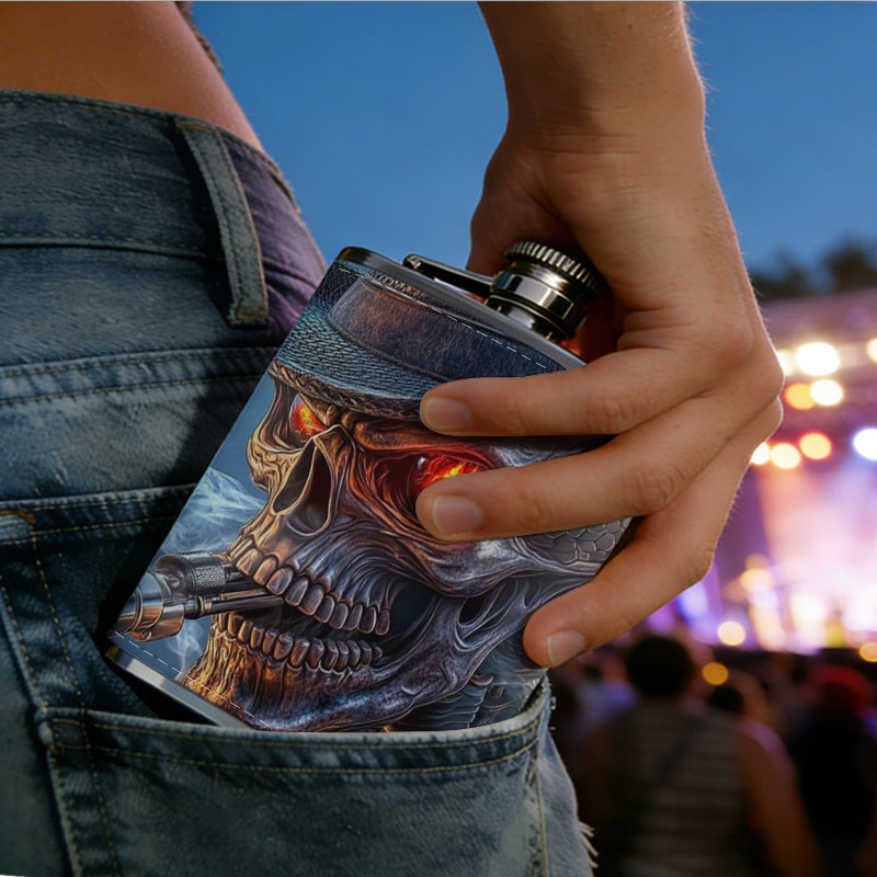 Cowboy skeleton with a cigar 1pc of a Portable Flask, a Small Stainless Steel Liquor Flask, 8-Ounce Capacity, Suitable for Outdoor And Home Use