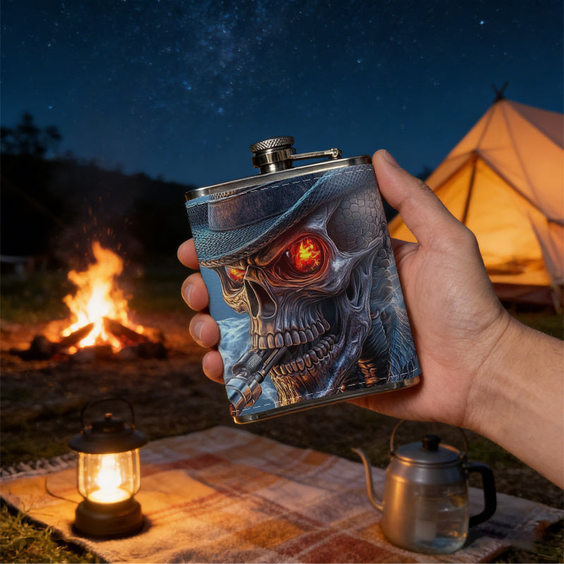 Cowboy skeleton with a cigar 1pc of a Portable Flask, a Small Stainless Steel Liquor Flask, 8-Ounce Capacity, Suitable for Outdoor And Home Use