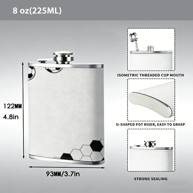 Multiple black and white soccer balls 1pc of a Portable Flask, a Small Stainless Steel Liquor Flask, 8-Ounce Capacity, Suitable for Outdoor And Home Use