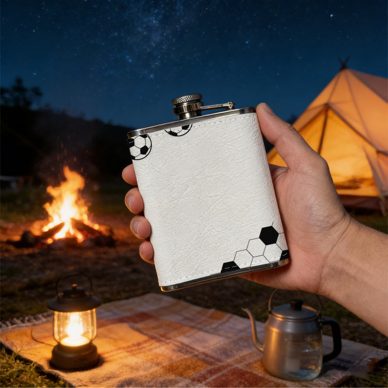 Multiple black and white soccer balls 1pc of a Portable Flask, a Small Stainless Steel Liquor Flask, 8-Ounce Capacity, Suitable for Outdoor And Home Use