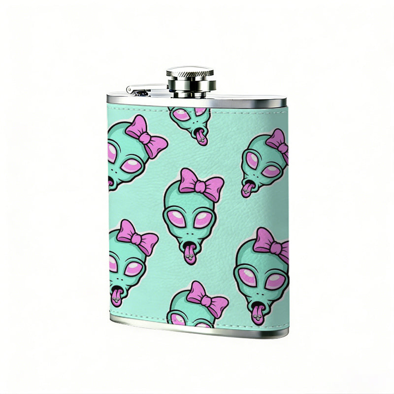 Cute alien skulls with pink bows 1pc of a Portable Flask, a Small Stainless Steel Liquor Flask, 8-Ounce Capacity, Suitable for Outdoor And Home Use