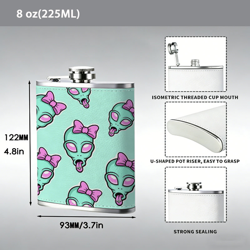 Cute alien skulls with pink bows 1pc of a Portable Flask, a Small Stainless Steel Liquor Flask, 8-Ounce Capacity, Suitable for Outdoor And Home Use