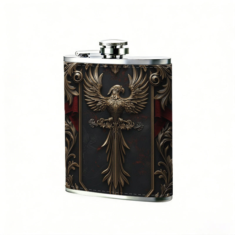 Ornate heraldic shield with sword and eagle 1pc of a Portable Flask, a Small Stainless Steel Liquor Flask, 8-Ounce Capacity, Suitable for Outdoor And Home Use