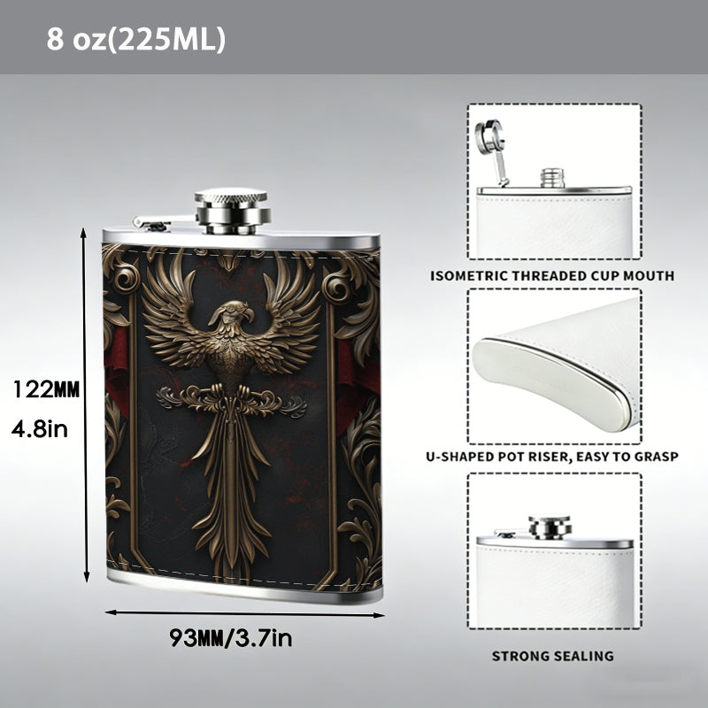 Ornate heraldic shield with sword and eagle 1pc of a Portable Flask, a Small Stainless Steel Liquor Flask, 8-Ounce Capacity, Suitable for Outdoor And Home Use