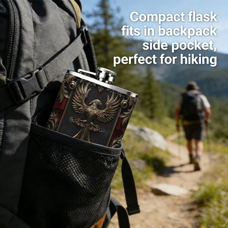 Ornate heraldic shield with sword and eagle 1pc of a Portable Flask, a Small Stainless Steel Liquor Flask, 8-Ounce Capacity, Suitable for Outdoor And Home Use