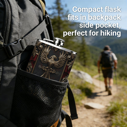 Ornate heraldic shield with sword and eagle 1pc of a Portable Flask, a Small Stainless Steel Liquor Flask, 8-Ounce Capacity, Suitable for Outdoor And Home Use
