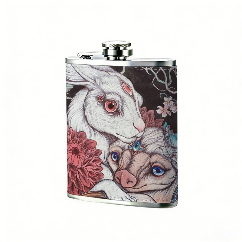 Two fantasy bunnies and floral artwork Stainless Steel Mini Flask - Design for Valentine's Day, Christmas, Father's Day Gifts - Ideal for Him, Dad, Boyfriend (Compact Travel-Ready)