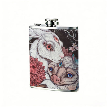 Two fantasy bunnies and floral artwork Stainless Steel Mini Flask - Design for Valentine's Day, Christmas, Father's Day Gifts - Ideal for Him, Dad, Boyfriend (Compact Travel-Ready)