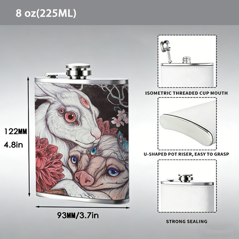 Two fantasy bunnies and floral artwork Stainless Steel Mini Flask - Design for Valentine's Day, Christmas, Father's Day Gifts - Ideal for Him, Dad, Boyfriend (Compact Travel-Ready)