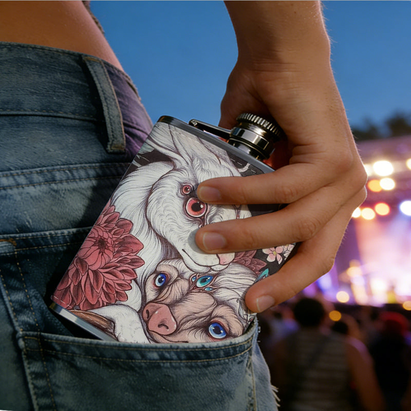 Two fantasy bunnies and floral artwork Stainless Steel Mini Flask - Design for Valentine's Day, Christmas, Father's Day Gifts - Ideal for Him, Dad, Boyfriend (Compact Travel-Ready)