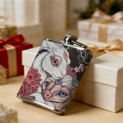 Two fantasy bunnies and floral artwork Stainless Steel Mini Flask - Design for Valentine's Day, Christmas, Father's Day Gifts - Ideal for Him, Dad, Boyfriend (Compact Travel-Ready)
