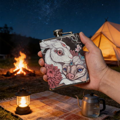 Two fantasy bunnies and floral artwork Stainless Steel Mini Flask - Design for Valentine's Day, Christmas, Father's Day Gifts - Ideal for Him, Dad, Boyfriend (Compact Travel-Ready)