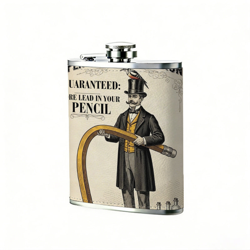 Vintage potion advertisement with man and giant pencil Stainless Steel Mini Flask - Design for Valentine's Day, Christmas, Father's Day Gifts - Ideal for Him, Dad, Boyfriend (Compact Travel-Ready)
