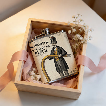 Vintage potion advertisement with man and giant pencil Stainless Steel Mini Flask - Design for Valentine's Day, Christmas, Father's Day Gifts - Ideal for Him, Dad, Boyfriend (Compact Travel-Ready)