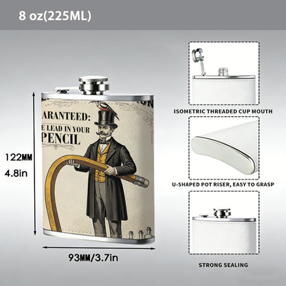 Vintage potion advertisement with man and giant pencil Stainless Steel Mini Flask - Design for Valentine's Day, Christmas, Father's Day Gifts - Ideal for Him, Dad, Boyfriend (Compact Travel-Ready)