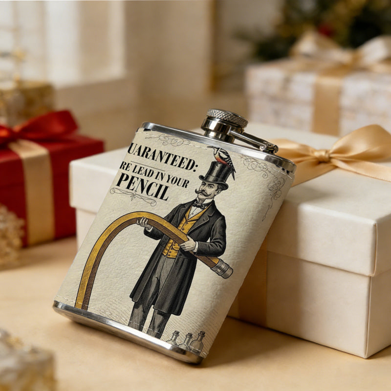 Vintage potion advertisement with man and giant pencil Stainless Steel Mini Flask - Design for Valentine's Day, Christmas, Father's Day Gifts - Ideal for Him, Dad, Boyfriend (Compact Travel-Ready)