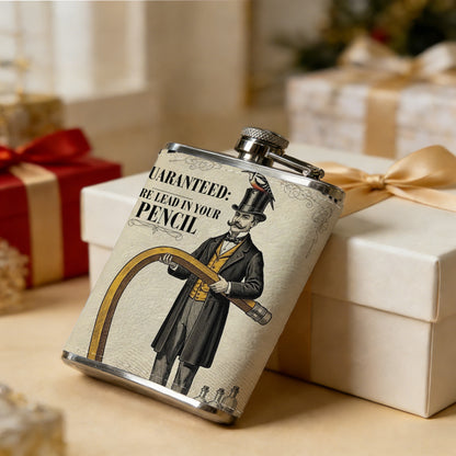 Vintage potion advertisement with man and giant pencil Stainless Steel Mini Flask - Design for Valentine's Day, Christmas, Father's Day Gifts - Ideal for Him, Dad, Boyfriend (Compact Travel-Ready)