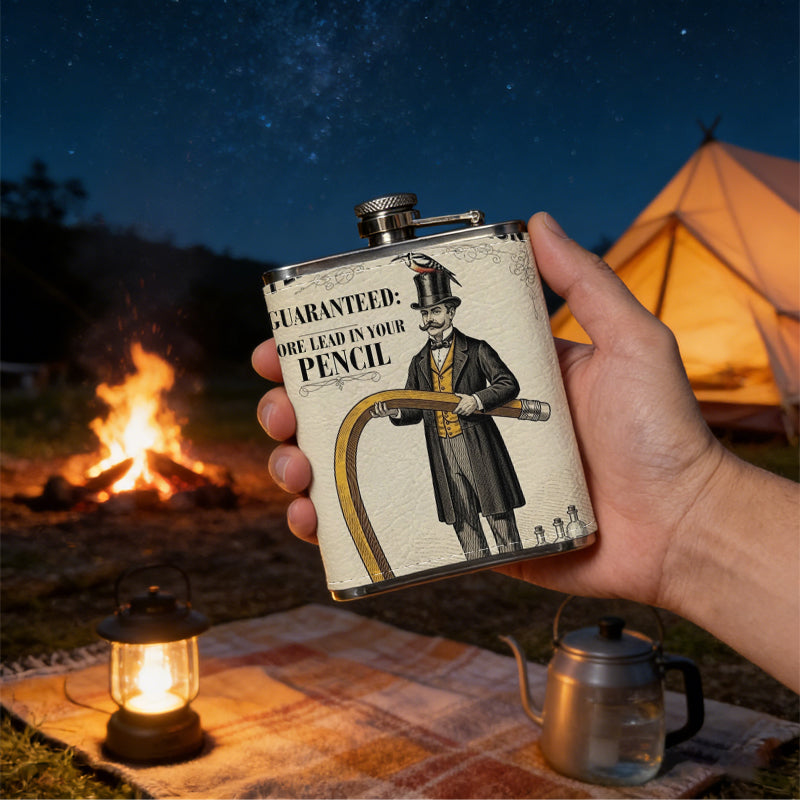Vintage potion advertisement with man and giant pencil Stainless Steel Mini Flask - Design for Valentine's Day, Christmas, Father's Day Gifts - Ideal for Him, Dad, Boyfriend (Compact Travel-Ready)