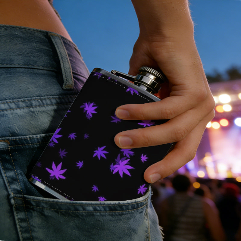 Purple star bokeh on black background Stainless Steel Mini Flask - Design for Valentine's Day, Christmas, Father's Day Gifts - Ideal for Him, Dad, Boyfriend (Compact Travel-Ready)