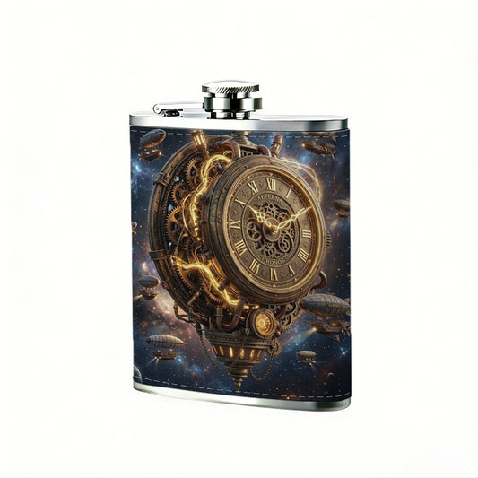 Vintage steampunk clock artwork Stainless Steel Mini Flask - Design for Valentine's Day, Christmas, Father's Day Gifts - Ideal for Him, Dad, Boyfriend (Compact Travel-Ready)