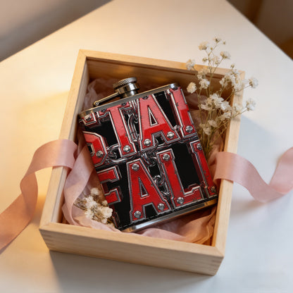 Red "STAR FALL" text on black background Stainless Steel Mini Flask - Design for Valentine's Day, Christmas, Father's Day Gifts - Ideal for Him, Dad, Boyfriend (Compact Travel-Ready)