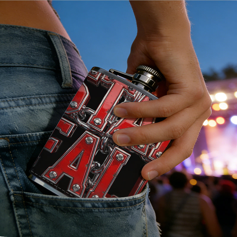 Red "STAR FALL" text on black background Stainless Steel Mini Flask - Design for Valentine's Day, Christmas, Father's Day Gifts - Ideal for Him, Dad, Boyfriend (Compact Travel-Ready)