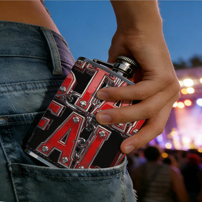 Red "STAR FALL" text on black background Stainless Steel Mini Flask - Design for Valentine's Day, Christmas, Father's Day Gifts - Ideal for Him, Dad, Boyfriend (Compact Travel-Ready)