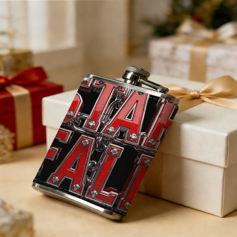 Red "STAR FALL" text on black background Stainless Steel Mini Flask - Design for Valentine's Day, Christmas, Father's Day Gifts - Ideal for Him, Dad, Boyfriend (Compact Travel-Ready)