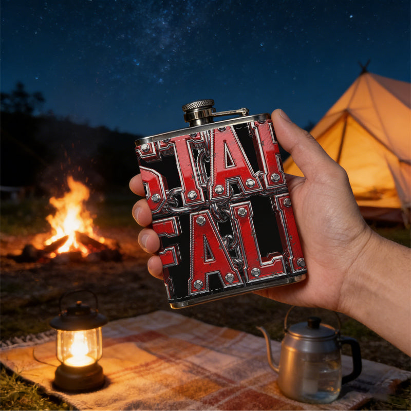 Red "STAR FALL" text on black background Stainless Steel Mini Flask - Design for Valentine's Day, Christmas, Father's Day Gifts - Ideal for Him, Dad, Boyfriend (Compact Travel-Ready)