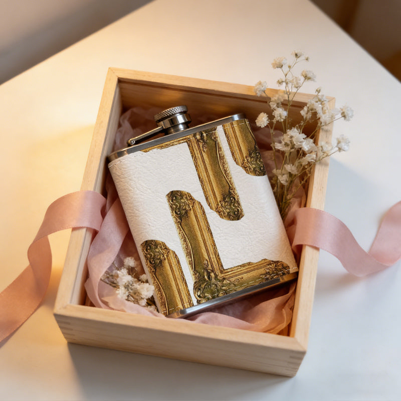 Wooden L-shaped brackets Stainless Steel Mini Flask - Design for Valentine's Day, Christmas, Father's Day Gifts - Ideal for Him, Dad, Boyfriend (Compact Travel-Ready)