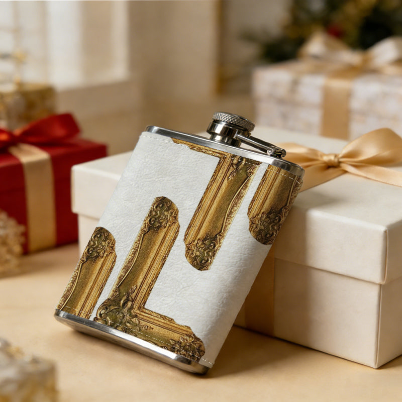 Wooden L-shaped brackets Stainless Steel Mini Flask - Design for Valentine's Day, Christmas, Father's Day Gifts - Ideal for Him, Dad, Boyfriend (Compact Travel-Ready)