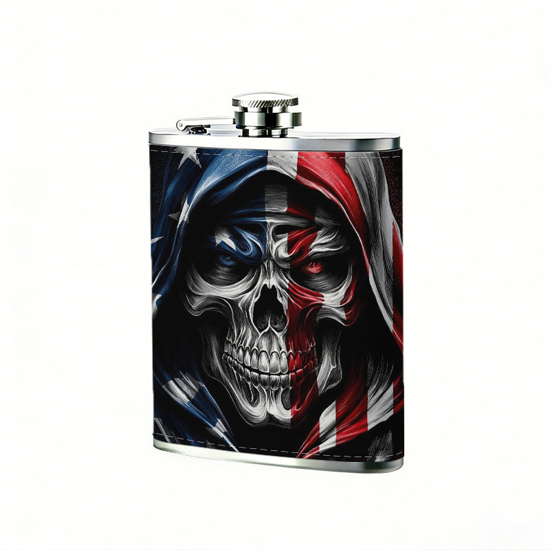 Skull wearing US flag hood Stainless Steel Mini Flask - Design for Valentine's Day, Christmas, Father's Day Gifts - Ideal for Him, Dad, Boyfriend (Compact Travel-Ready)