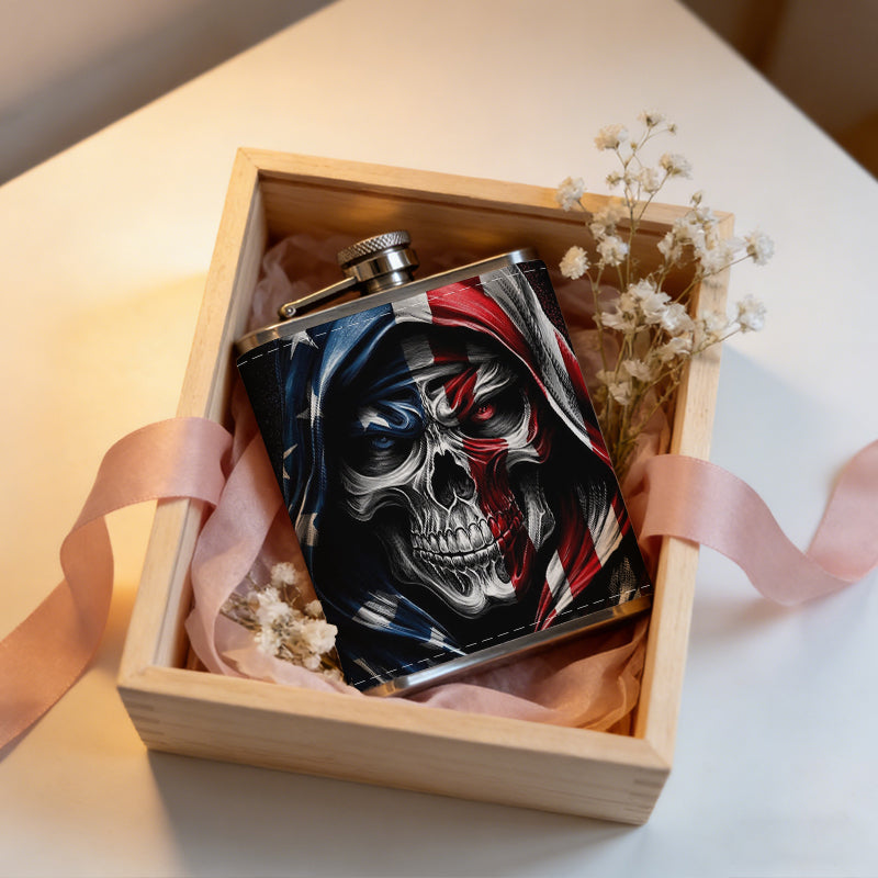 Skull wearing US flag hood Stainless Steel Mini Flask - Design for Valentine's Day, Christmas, Father's Day Gifts - Ideal for Him, Dad, Boyfriend (Compact Travel-Ready)