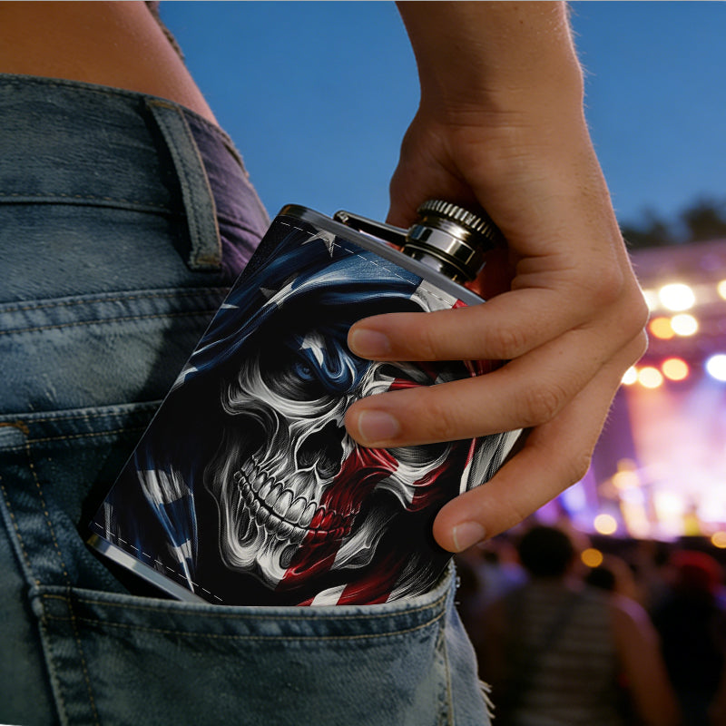 Skull wearing US flag hood Stainless Steel Mini Flask - Design for Valentine's Day, Christmas, Father's Day Gifts - Ideal for Him, Dad, Boyfriend (Compact Travel-Ready)