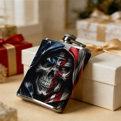 Skull wearing US flag hood Stainless Steel Mini Flask - Design for Valentine's Day, Christmas, Father's Day Gifts - Ideal for Him, Dad, Boyfriend (Compact Travel-Ready)