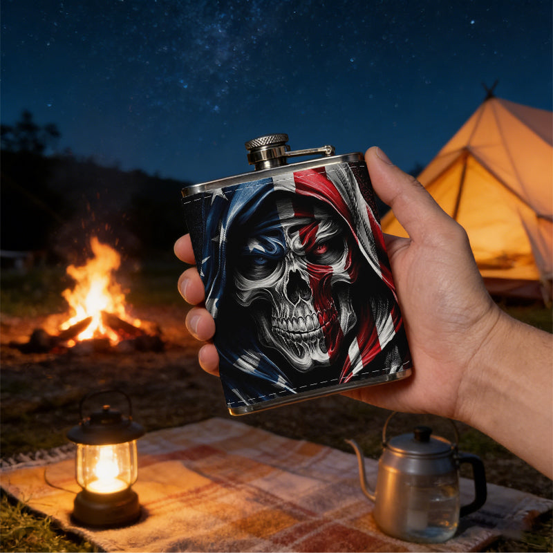 Skull wearing US flag hood Stainless Steel Mini Flask - Design for Valentine's Day, Christmas, Father's Day Gifts - Ideal for Him, Dad, Boyfriend (Compact Travel-Ready)