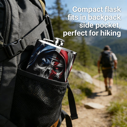 Skull wearing US flag hood Stainless Steel Mini Flask - Design for Valentine's Day, Christmas, Father's Day Gifts - Ideal for Him, Dad, Boyfriend (Compact Travel-Ready)