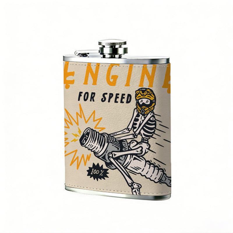 Helmeted skeleton riding motorcycle with text Stainless Steel Mini Flask - Design for Valentine's Day, Christmas, Father's Day Gifts - Ideal for Him, Dad, Boyfriend (Compact Travel-Ready)