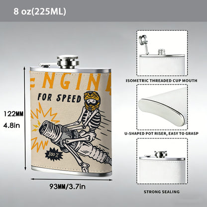 Helmeted skeleton riding motorcycle with text Stainless Steel Mini Flask - Design for Valentine's Day, Christmas, Father's Day Gifts - Ideal for Him, Dad, Boyfriend (Compact Travel-Ready)