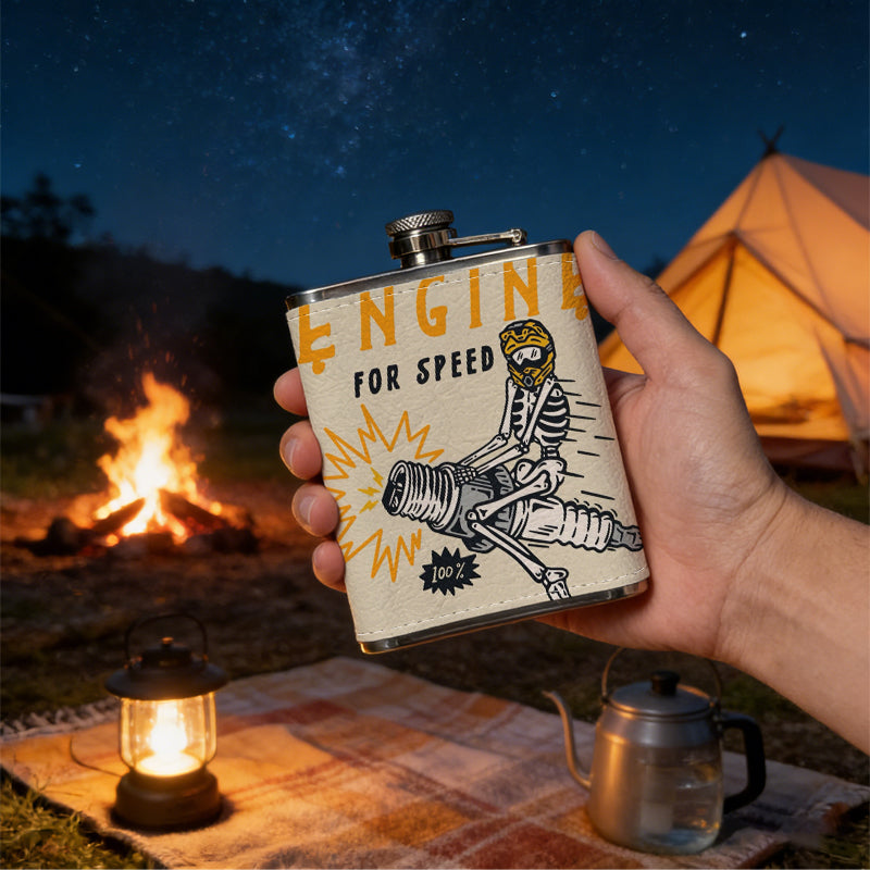 Helmeted skeleton riding motorcycle with text Stainless Steel Mini Flask - Design for Valentine's Day, Christmas, Father's Day Gifts - Ideal for Him, Dad, Boyfriend (Compact Travel-Ready)