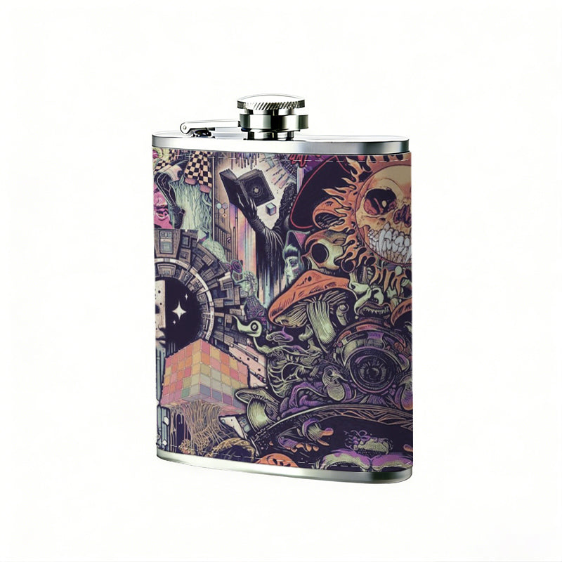 Skulls, flowers and mushroom patterns Stainless Steel Mini Flask - Design for Valentine's Day, Christmas, Father's Day Gifts - Ideal for Him, Dad, Boyfriend (Compact Travel-Ready)