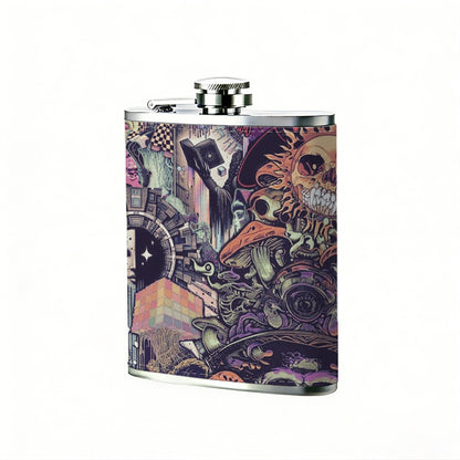 Skulls, flowers and mushroom patterns Stainless Steel Mini Flask - Design for Valentine's Day, Christmas, Father's Day Gifts - Ideal for Him, Dad, Boyfriend (Compact Travel-Ready)