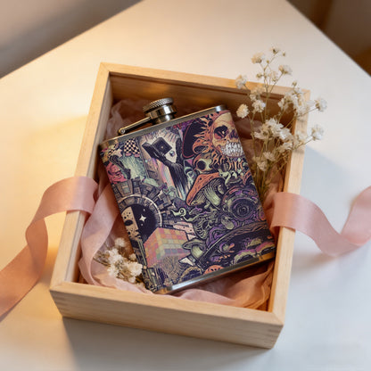 Skulls, flowers and mushroom patterns Stainless Steel Mini Flask - Design for Valentine's Day, Christmas, Father's Day Gifts - Ideal for Him, Dad, Boyfriend (Compact Travel-Ready)
