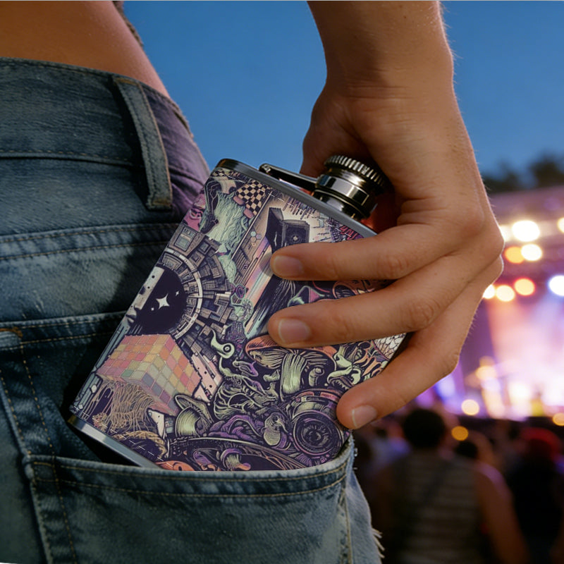 Skulls, flowers and mushroom patterns Stainless Steel Mini Flask - Design for Valentine's Day, Christmas, Father's Day Gifts - Ideal for Him, Dad, Boyfriend (Compact Travel-Ready)
