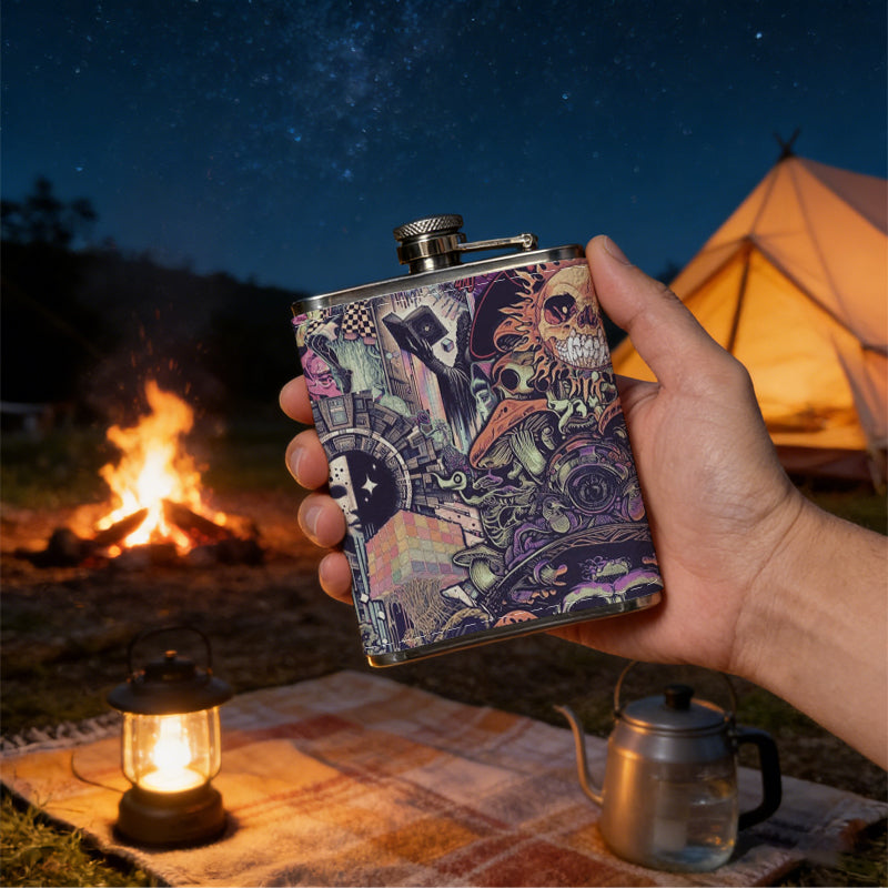 Skulls, flowers and mushroom patterns Stainless Steel Mini Flask - Design for Valentine's Day, Christmas, Father's Day Gifts - Ideal for Him, Dad, Boyfriend (Compact Travel-Ready)