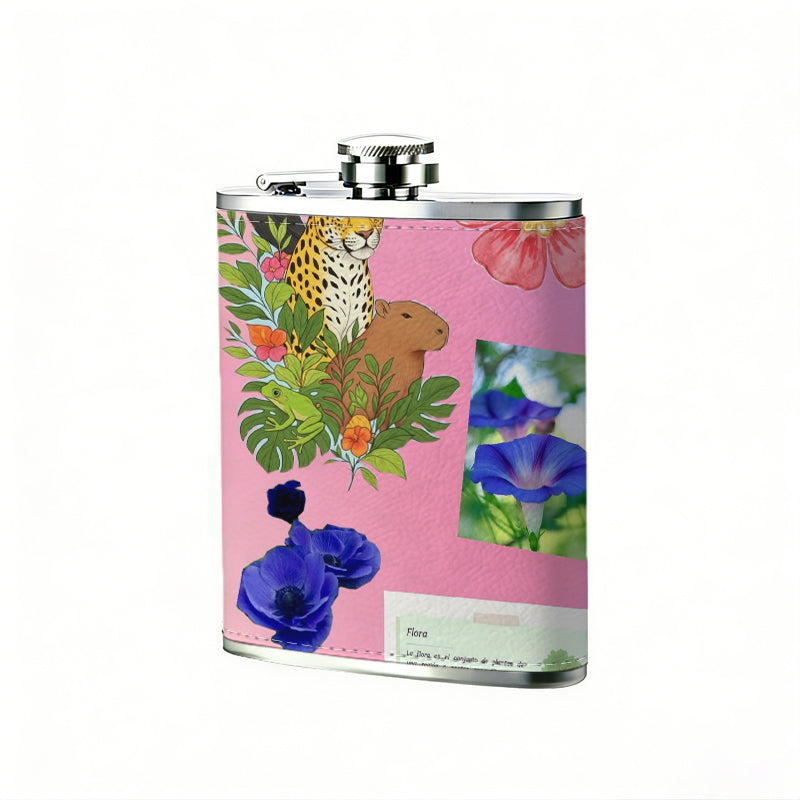 Parrot, flowers and potted plants on pink background Stainless Steel Mini Flask - Design for Valentine's Day, Christmas, Father's Day Gifts - Ideal for Him, Dad, Boyfriend (Compact Travel-Ready)
