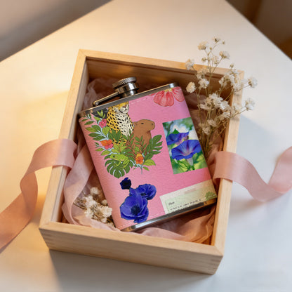 Parrot, flowers and potted plants on pink background Stainless Steel Mini Flask - Design for Valentine's Day, Christmas, Father's Day Gifts - Ideal for Him, Dad, Boyfriend (Compact Travel-Ready)