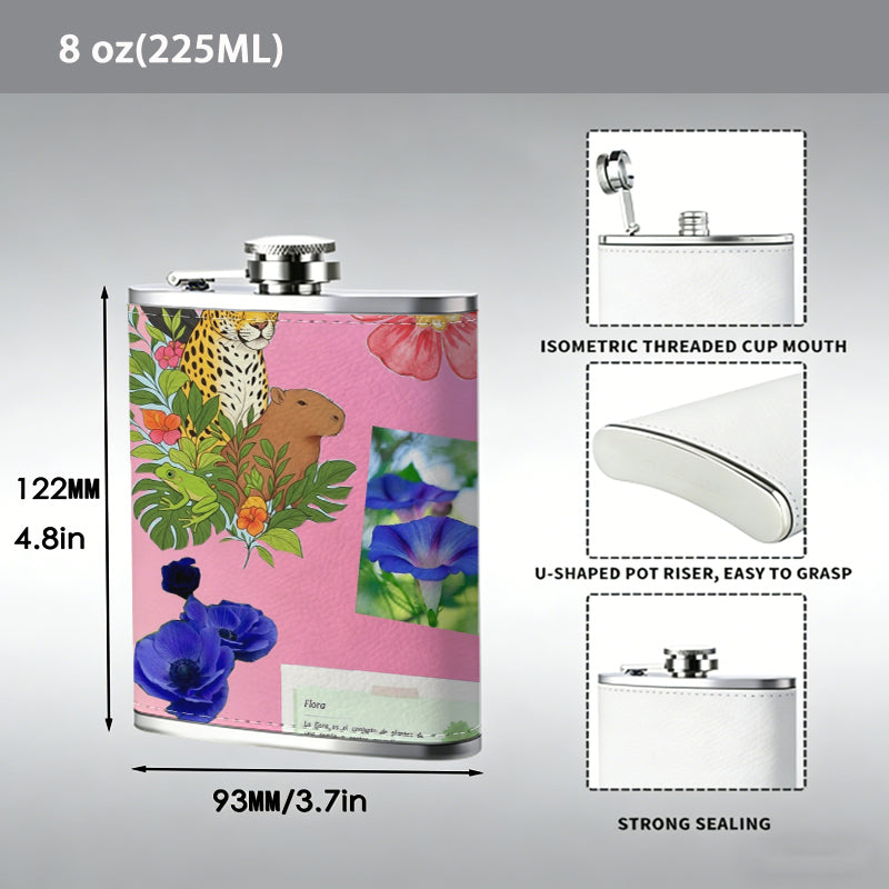 Parrot, flowers and potted plants on pink background Stainless Steel Mini Flask - Design for Valentine's Day, Christmas, Father's Day Gifts - Ideal for Him, Dad, Boyfriend (Compact Travel-Ready)